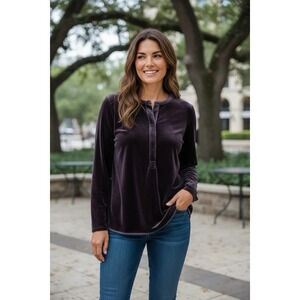 Lauren Ralph Lauren Black Velvet‎ Top Long Sleeve Button Front Blouse XL Holiday